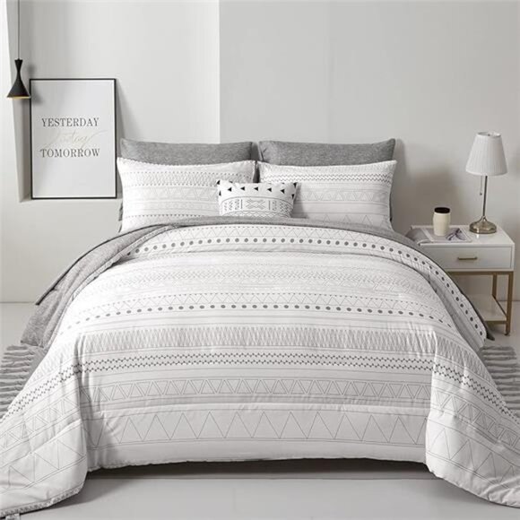 Boho Comforter Set King Size,7 Pieces Grey White Geometric Bohemian Bed in a Bag - Picture 7 of 7